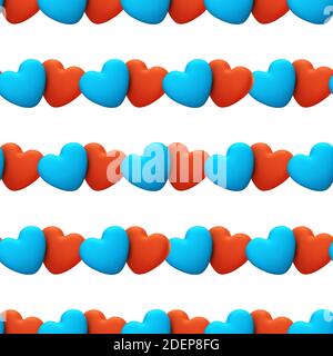 Liebe nahtlose Muster kreative Konzept. Zwei romantische blaue und rote Herzen auf einem weißen Hintergrund. Valentinskarte oder Webbanner-Vorlage, 3d-Renderin Stockfoto