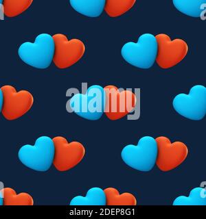 Liebe nahtlose Muster kreative Konzept. Zwei romantische blaue und rote Herzen auf einem blauen Hintergrund. Valentinskarte oder Webbanner-Vorlage, 3d-Rendering Stockfoto