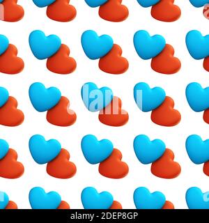 Liebe nahtlose Muster kreative Konzept. Zwei romantische blaue und rote Herzen auf einem weißen Hintergrund. Valentinskarte oder Webbanner-Vorlage, 3d-Renderin Stockfoto