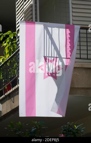 Rosa Version der israelischen Flagge, die von einem Balkon in der Stadt Tel Aviv, Israel, gehängt wird Stockfoto