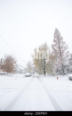 Stadtstraße mit Schnee bedeckt nach einem großen Wintersturm Stockfoto