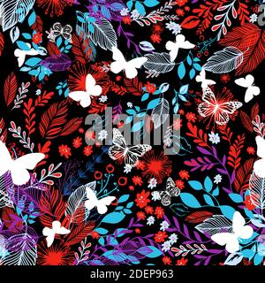 Ein nahtloser Hintergrund mit roten und blauen Blumen und Blättern. Vektorgrafik Stock Vektor