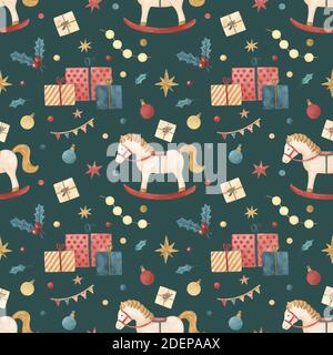 Handgezeichnetes weihnachtliches Aquarell-Nahtloses Muster Stockfoto