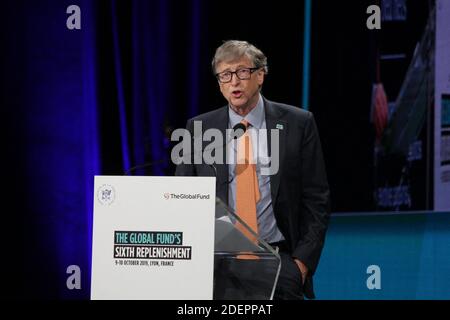 Bill Gates hält am 10. Oktober 2019 eine Rede beim Spendensammler-Tag auf der Sechsten Weltfondkonferenz in Lyon, Frankreich. Foto von Mathis Boussuge/ABACAPRESS.COM Stockfoto