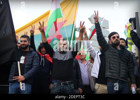 Demonstration in Lyon, Frankreich, am 12. Oktober 2019, um La Rojava vor der türkischen militärischen Aggression zu verteidigen. Foto von Mathis Boussuge / ABACAPRESS.COM Stockfoto
