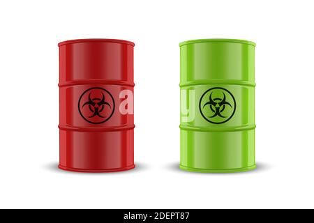 Vektor 3d realistische Illustration. Rot und Grün einfach glänzend Emaille Metall Öl, Kraftstoff, Benzin Barrel Set mit Biohazard Schild isoliert auf Weiß Stock Vektor