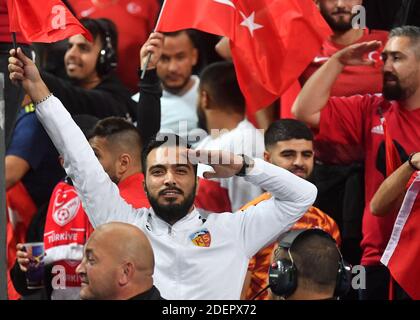 Türkische Fans feiern mit einem militärischen Gruß nach dem 1-1 Tor während der Europameisterschaft 2020 Qualifier Frankreich gegen Türkei am 14. Oktober 2019 im Stade de France, in Saint-Denis, Frankreich. Foto von Christian Liewig/ABACAPRESS.COM Stockfoto