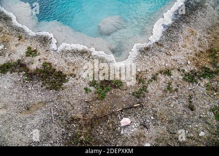 Disgarded, übersäte chirurgische Gesichtsmaske sitzt im Black Pool, eine heiße Quelle mit blauem Wasser im West Thumb Geyser Basin im Yellowstone National Stockfoto