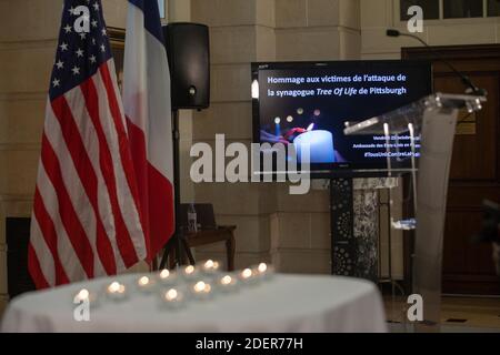 Gedenken an die Opfer des antisemitischen Angriffs in Pittsburgh am 27. Oktober 2018, der am 25. Oktober 2019 in der US-Botschaft in Paris, Frankreich, stattfand. Foto von Ania Freindorf/ABACAPRESS.COM Stockfoto