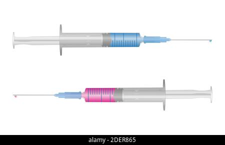 Spritzen mit blauer und rosa Flüssigkeit und Wassertropfen auf der Nadel. Vektorgrafiken isoliert Stock Vektor