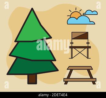 Bündel von vier Camping-Set-Linie und füllen Symbole in Grüner Hintergrund Stock Vektor