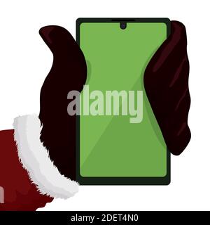 Der moderne Weihnachtsmann hält ein Smartphone, trägt sein traditionelles rotes Kleid, Soffmanschetten und Handschuhe. Stock Vektor