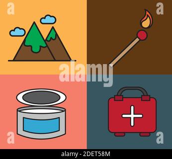 Bündel von vier Camping-Set-Linie und füllen Symbole Stock Vektor