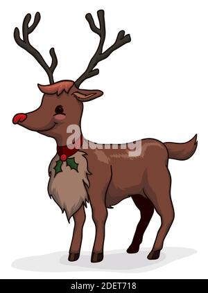 Glückliches Rentier mit roter Nase und Kragen mit Mistel auf Weihnachten, isoliert auf weißem Hintergrund dekoriert. Stock Vektor