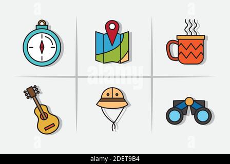 Bündel von sechs Camping-Set-Linie und füllen Symbole Stock Vektor