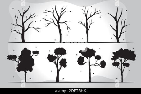 Bündel von acht Bäumen Wald Silhouette Stil Symbole in grau Hintergrund Stock Vektor