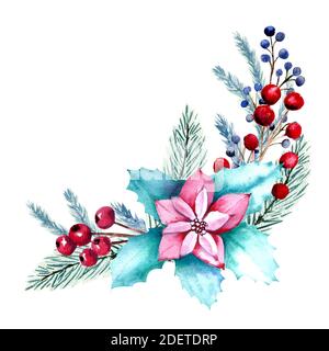 Winter Aquarell Zusammensetzung mit Weihnachtsstern Blumen, Beeren, Tannenzweigen. Handgezeichnete Weihnachtsdarstellung. Für Einladungen, Grußkarten Stockfoto