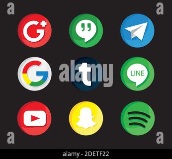 Bündel von neun Social Media Set-Symbole in schwarzem Hintergrund Stock Vektor
