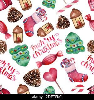 Ein nahtloses Muster zum Thema Weihnachten. Aquarelldarstellung Stockfoto