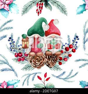 Winter Aquarell nahtloses Muster mit Gnom, Tannenzweigen, Beeren, Tannenzapfen. Handgezeichnete Weihnachtsdarstellung Stockfoto
