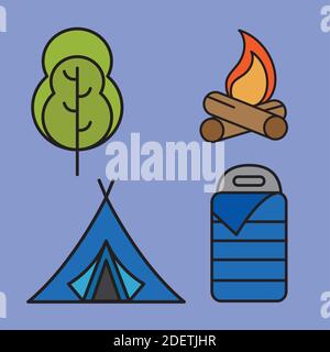 Bündel von vier Camping-Set-Linie und füllen Symbole in Gelber Hintergrund Stock Vektor