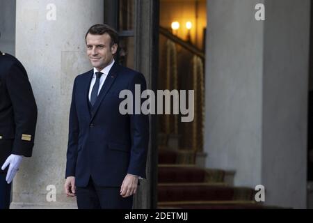 Frankreichs Präsident Emmanuel Macron im Elysee-Palast in Paris, Frankreich zu einem Gipfel Format Normandie, Normandie vier Treffen der Führer von Russland, Frankreich, Deutschland und der Ukraine. Das Normandy-Format wurde 2014 geschaffen, um den Konflikt zwischen Kiew und den abtrünnigen Republiken im Osten der Ukraine zu lösen. Foto von Eliot Blondt/ABACAPRESS.COM Stockfoto