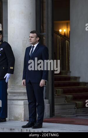Frankreichs Präsident Emmanuel Macron im Elysee-Palast in Paris, Frankreich zu einem Gipfel Format Normandie, Normandie vier Treffen der Führer von Russland, Frankreich, Deutschland und der Ukraine. Das Normandy-Format wurde 2014 geschaffen, um den Konflikt zwischen Kiew und den abtrünnigen Republiken im Osten der Ukraine zu lösen. Foto von Eliot Blondt/ABACAPRESS.COM Stockfoto