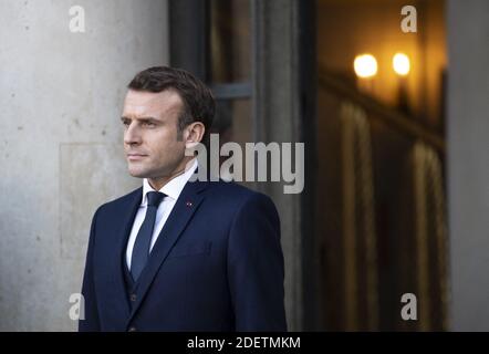 Frankreichs Präsident Emmanuel Macron im Elysee-Palast in Paris, Frankreich zu einem Gipfel Format Normandie, Normandie vier Treffen der Führer von Russland, Frankreich, Deutschland und der Ukraine. Das Normandy-Format wurde 2014 geschaffen, um den Konflikt zwischen Kiew und den abtrünnigen Republiken im Osten der Ukraine zu lösen. Foto von Eliot Blondt/ABACAPRESS.COM Stockfoto