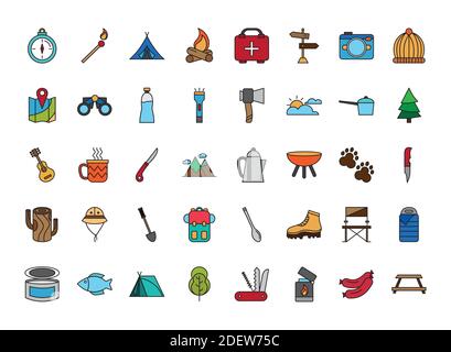 Bündel von vierzig Camping-Set-Linie und füllen Symbole Stock Vektor