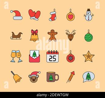 Bündel von zwanzig weihnachten Set-Linie und füllen Symbole Stock Vektor