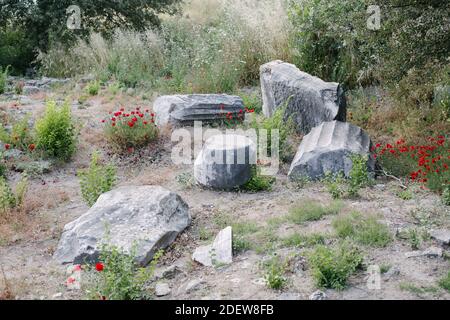 Troja. Blick auf die Stadt Troy. Historische Ruinen und zerstörte Strukturen. Stockfoto