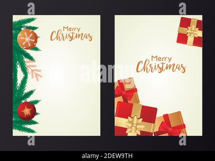 Happy Merry weihnachtsbriefkarten mit Geschenken und Zweigen Vektor Illustrationsdesign Stock Vektor