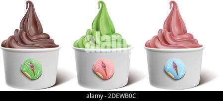 Vector realistische Soft Serve gefrorenen Joghurt oder Eis in einer Papierschüssel für Creamery Werbung in Schokolade, Matcha oder Beerengeschmack. Stock Vektor