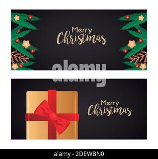 Fröhliche Weihnachtsbriefchen schwarze Karten mit goldenem Geschenk und Kiefer Blätter Vektor Illustration Design Stock Vektor