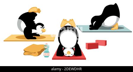 Inversion Balancing Yoga mit Cartoon Pinguinen Stock Vektor