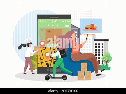 Mädchen, die Ordnung, Koch bereitet, Kurier liefert Fast Food, flache Vektor-Illustration. Online-Bestellung und -Lieferung. Stock Vektor