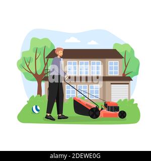Gärtner mäht den Rasen, Rasenmäher mit Rasenmäher, flache Vektorgrafik. Gartenarbeit, Home Verbesserung Dienstleistungen. Stock Vektor