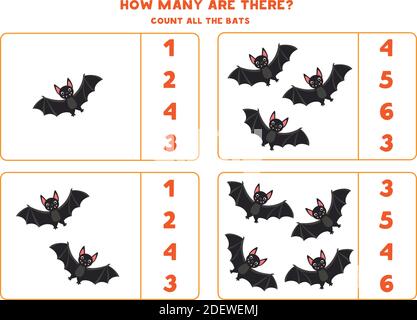 Zählen Sie alle Vampir Fledermäuse und Kreis richtige Antwort. Pädagogische Mathematik Spiel. Stock Vektor
