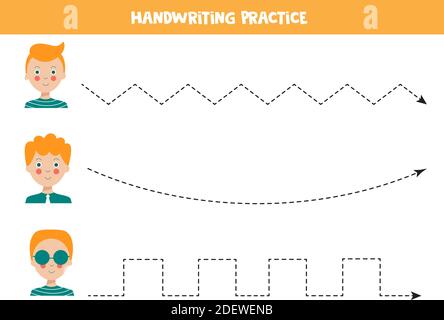 Tracing Linien mit niedlichen rothaarigen Jungen. Handschriftsübungen für Kinder. Stock Vektor