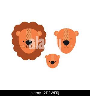 löwenkopf, Cartoon nette Tiere für Kinder Grußkarte und Einladung. Vektorgrafik. Leo, die Löwenfamilie Stock Vektor