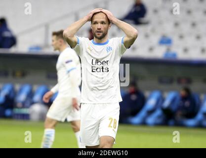 Marseille, Frankreich. Dezember 2020. Valere Germain von Marseille reagiert während der UEFA Champions League, Gruppe C Fußballspiel zwischen Olympique de Marseille (OM) und Olympiakos FC (Olympiakos) am 1. Dezember 2020 im Stade Velodrome in Marseille, Frankreich - Foto Jean Catuffe / DPPI / LM Kredit: Paola Benini/Alamy Live News Stockfoto