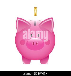 Sparschwein mit Goldmünze. Icon im Cartoon-Stil. Konzept von Banken oder Business-Services. Vektorgrafik isoliert auf weißem Hintergrund. Stock Vektor