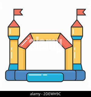 Hüpfburg aufblasbare Burg. Turm und Ausrüstung für Kinderspielplatz. Vektorlinie auf weißem Hintergrund isoliert. Stock Vektor