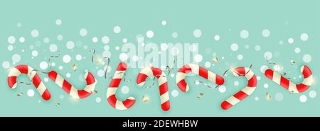 Weihnachtsvektor Zuckerrohr Weihnachtsgrenze mit Schneeflocken auf blauem Hintergrund. Nahtloser Hintergrund für das Design von Weihnachtsbannern und Grußkarten. Stock Vektor