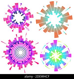 Set von geometrischen kreisförmigen Neon-Equalizer. Farbenfrohe, runde Klangwellen. Vektorgrafik. Stock Vektor