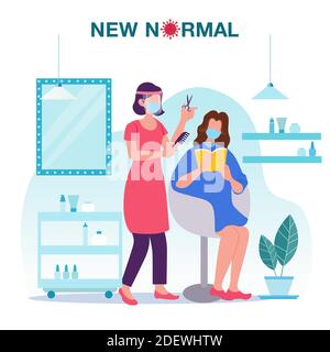 Neues normales Konzept Illustration mit einem weiblichen Friseur trägt Gesicht Schild und Maske tun Haarschnitt für Kunden im Friseursalon Prävention von Diseas Stock Vektor