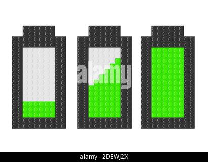 Satz von Akkusymbolen mit unterschiedlichen Ladezuständen auf weißem Hintergrund. Batterieanzeige mit Ziegelsteinen Spielzeug. Vektorgrafik isoliert auf Weiß Stock Vektor