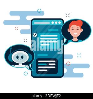 Chatbot-Konzept. Nutzer chatten mit niedlichem Roboter-Chatbot auf dem Smartphone. Flache Cartoon-Vektor-Illustration für Website, Banner, Web, mobile Anwendung ist Stock Vektor