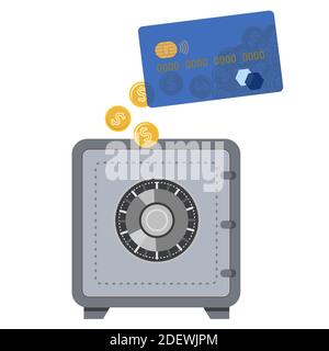 Banksafe. Security Cash Savings und Geldschutzkonzept. Überweisung von Geld von einer Bankkarte auf eine Einzahlung. Vektorgrafik flach. Stock Vektor
