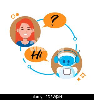 Chatbot-Konzept. Frau im Chat mit niedlichen Roboter Chat bot. Vector flache Cartoon Figur Illustration für Website, Banner, Web, mobile Anwendung Stock Vektor
